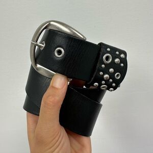 Black Genuine Leather Belt Silver Studded & Grommet Buckle Size S